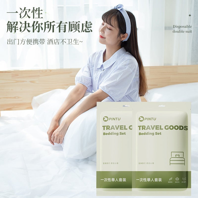 Travel Disposable Bed Sheet Quilt Cover Pillowcase Sleeping Bag Bedding Double Four-Piece Set Travel El Travel Portable - Image 4